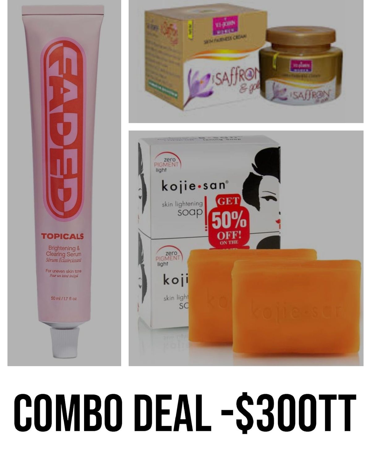 1 - Topical faded cream / 1 - Vi john saffron face cream (gold)/ 1  - Kojie.san soap 2 bar 135g