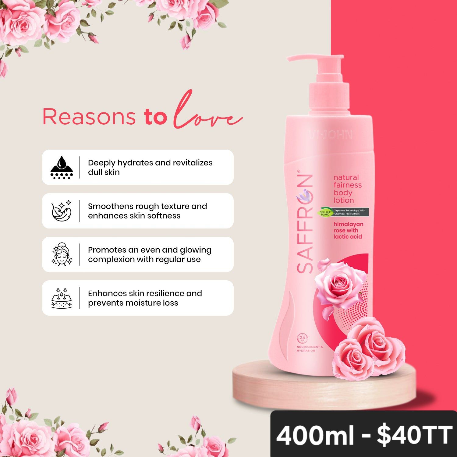 VI JOHN HIMALAYAN ROSE WITH LACTIC ACID BODY LOTION 400ML