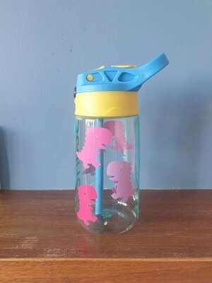 T-rex Kids 480ml popup spout water bottle personalised name BPA free.