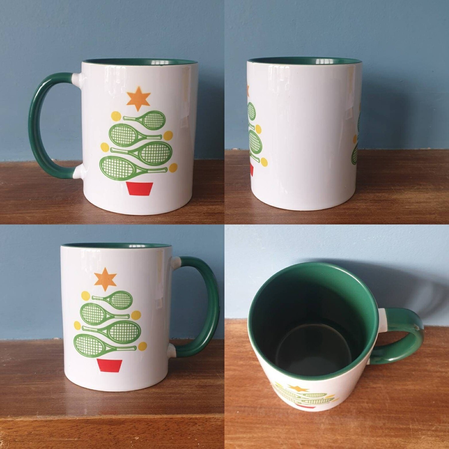 Tennis mug with   Christmas tree themed design.