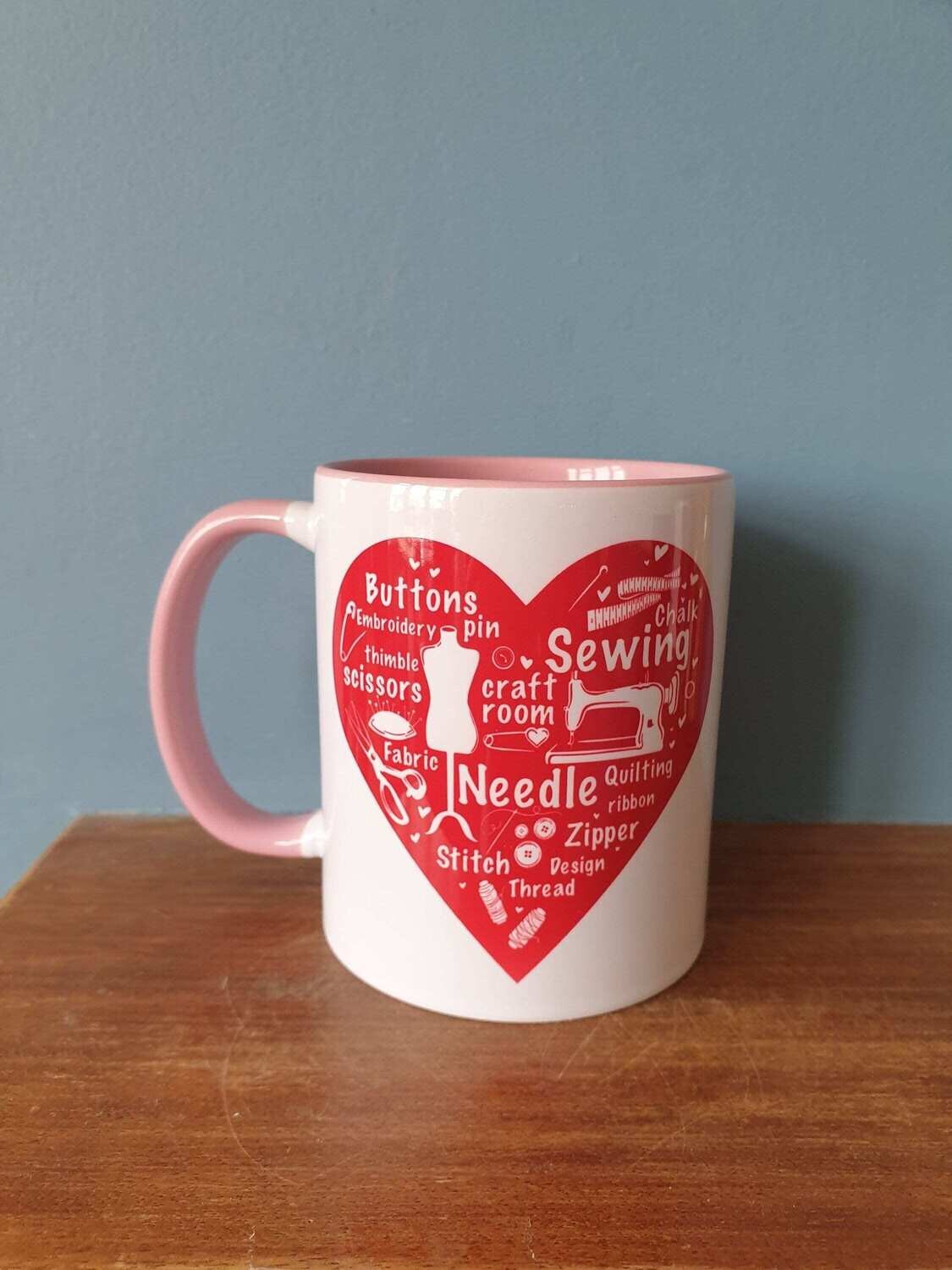 Sewing mug with   sewing themed design