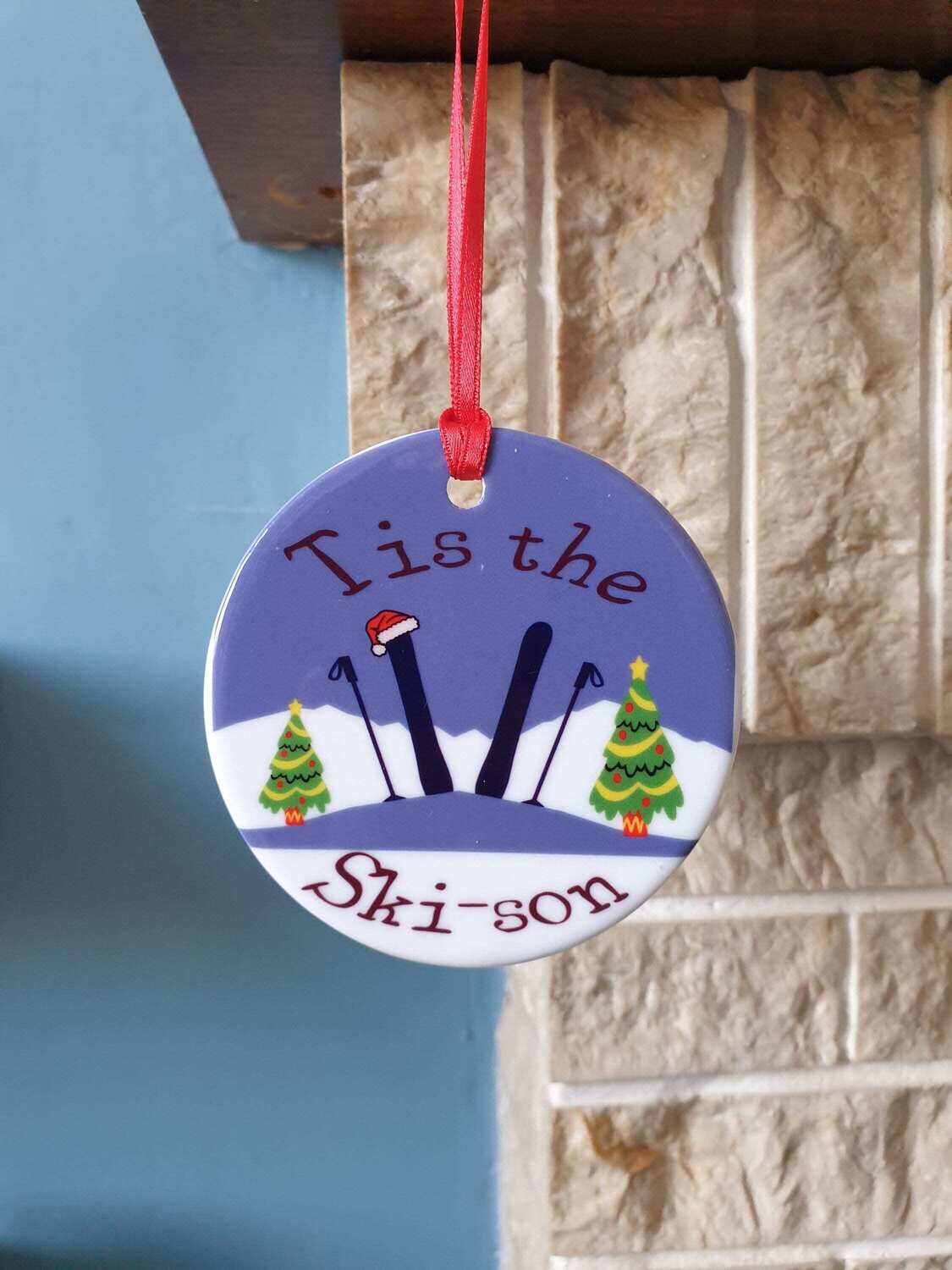 Skiing Christmas tree decoration with   &#39;Tis the ski-son&#39; Christmas design