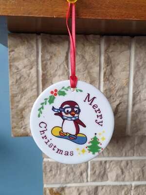 Snowboarding Christmas tree decoration with  Penguin Christmas design