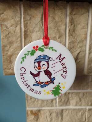 Skiing Christmas tree decoration with   skiing Penguin Christmas design