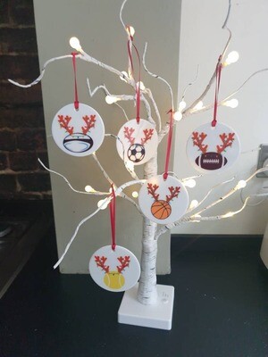 American Football, Tennis, Football, Rugby or Basketball with antlers and Christmas lights ceramic tree decoration