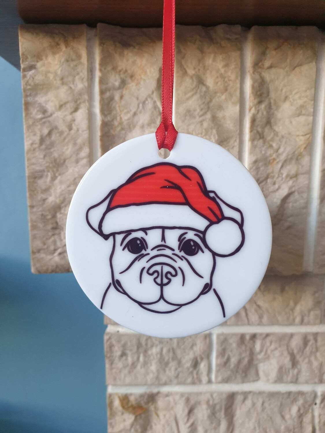 Dog with Christmas hat ceramic Christmas tree decoration