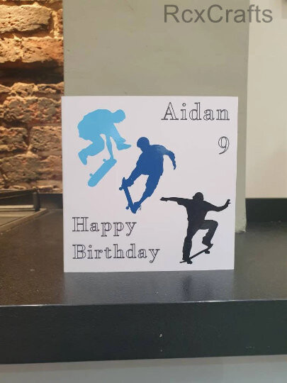 Personalised skate boarding greetings card with name and age