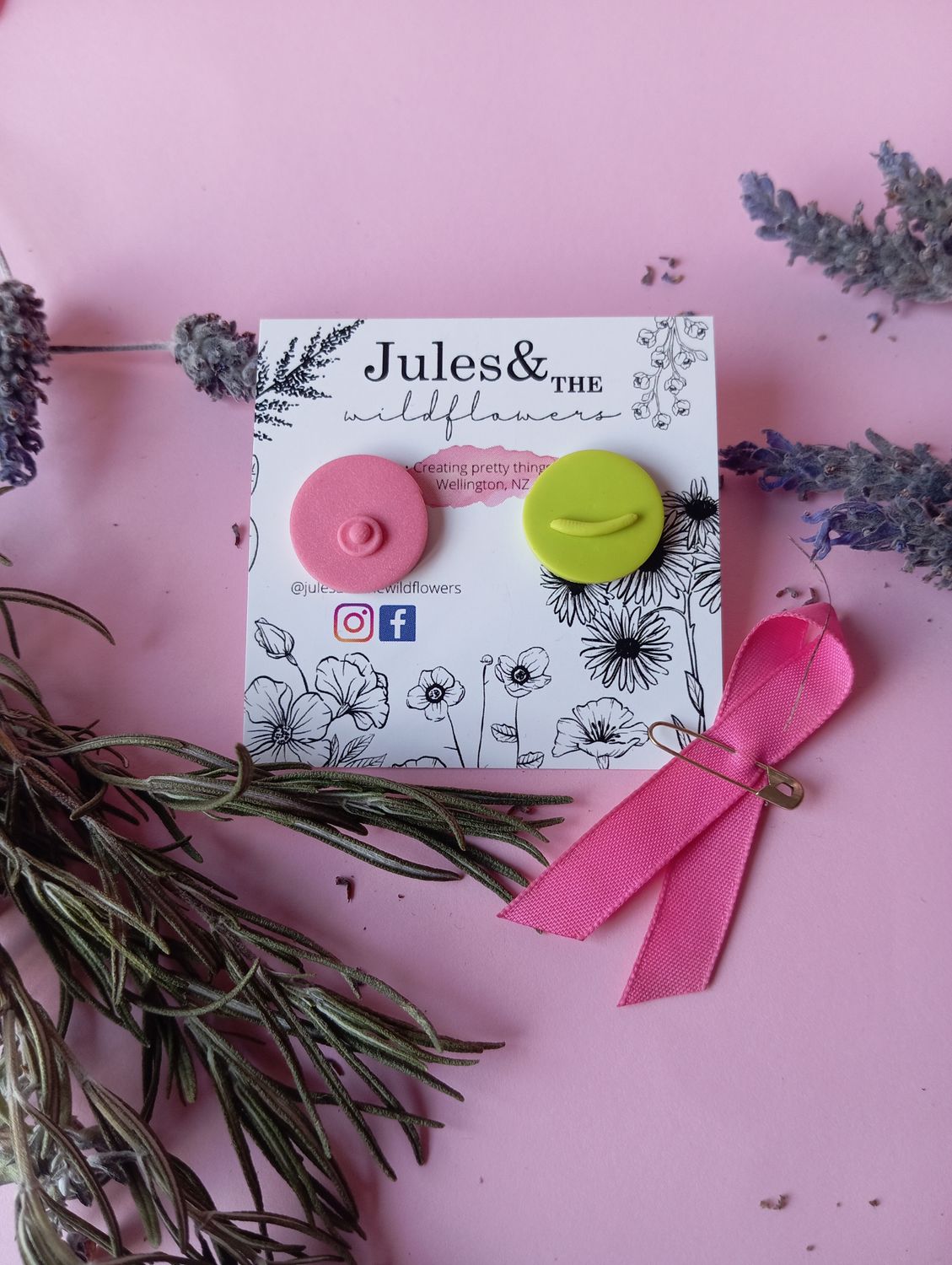 Pink October - Large pink and green boobs studs