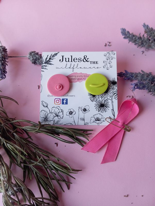 Pink October - Large pink and green boobs studs