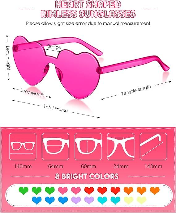 Sherr Rimless Neon Sunglasses – 3 Pack of Colorful Heart Party Shades for Men &amp; Women, Fun Plastic Glasses Party Favors