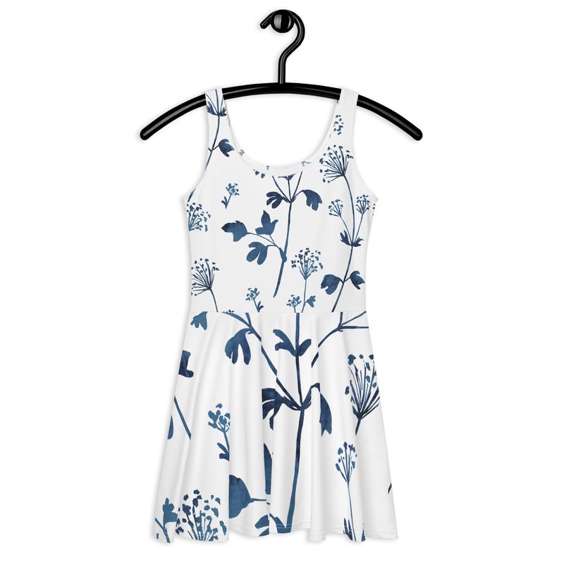 Azure Leaf Twirl Sleeveless Skater Dress