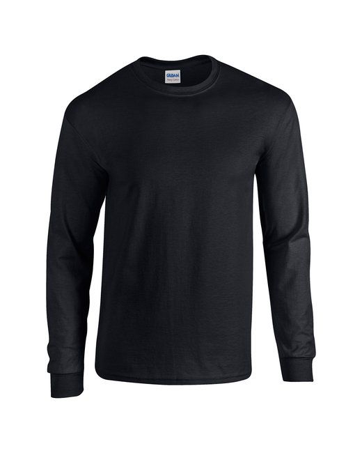 Front view of a blank black custom long sleeve shirt ready for personalized printing