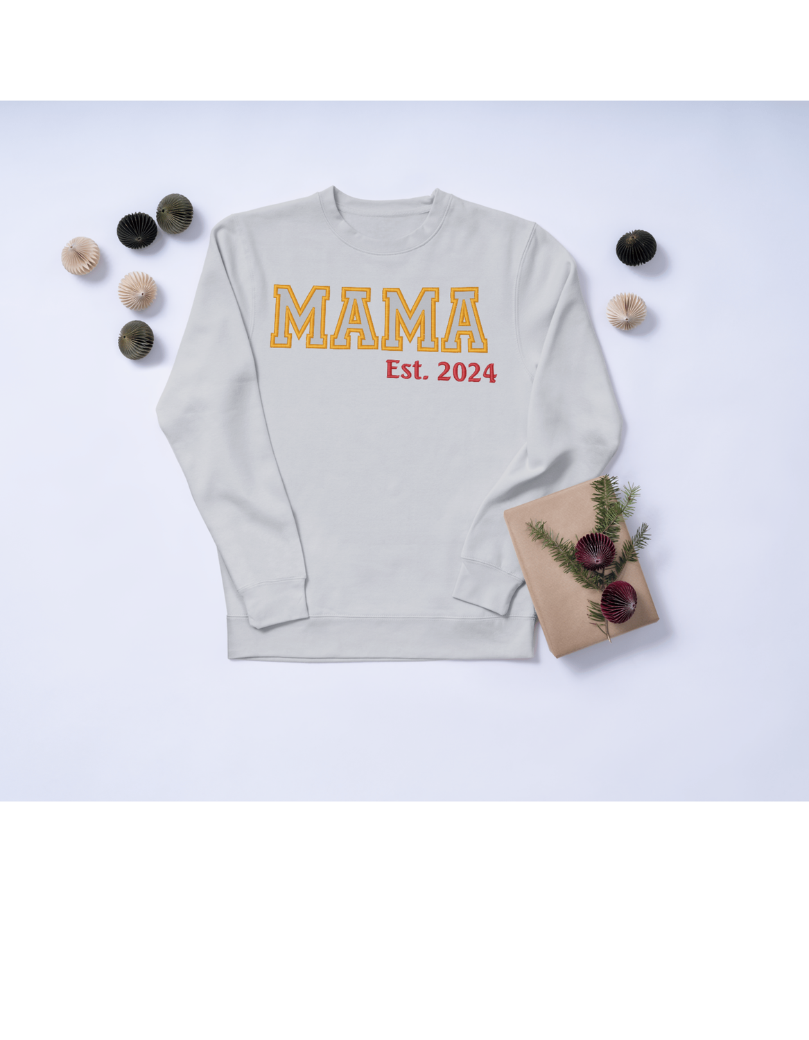 Cozy crewneck sweatshirt with MAMA and established year custom embroidered on the chest.