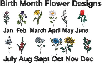 Custom embroidered birth month flowers and font options for personalized family garden sweatshirt.