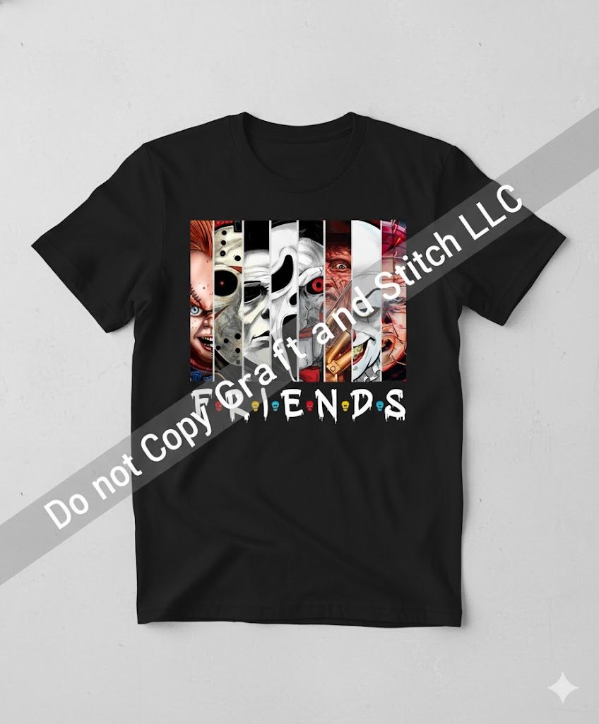 Black Halloween t-shirt featuring classic horror movie villains sitting together with the word Friends.