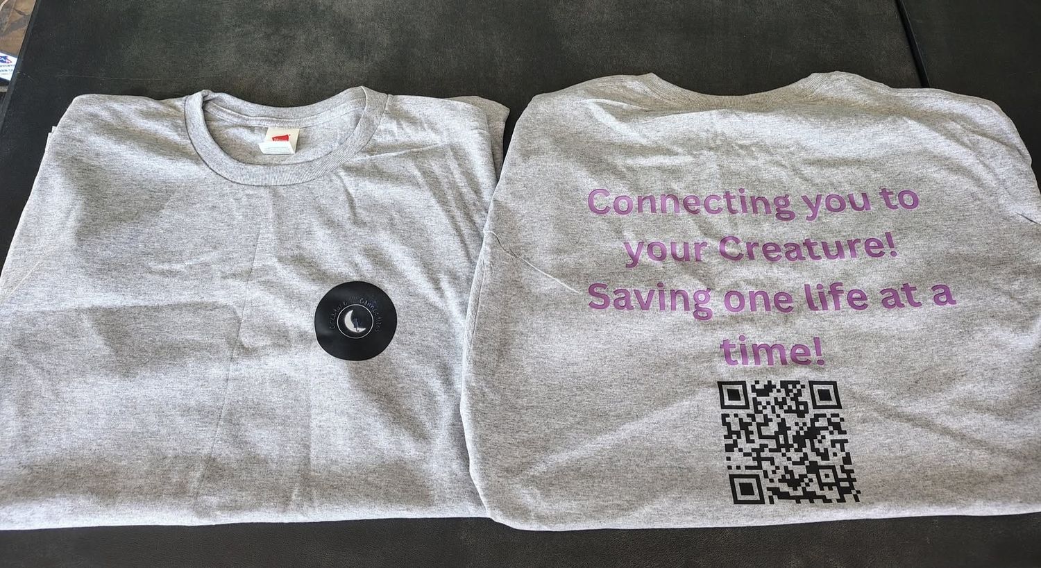 Light grey t-shirt featuring the text Connecting your Crew and a scannable QR code for Creature Connections.