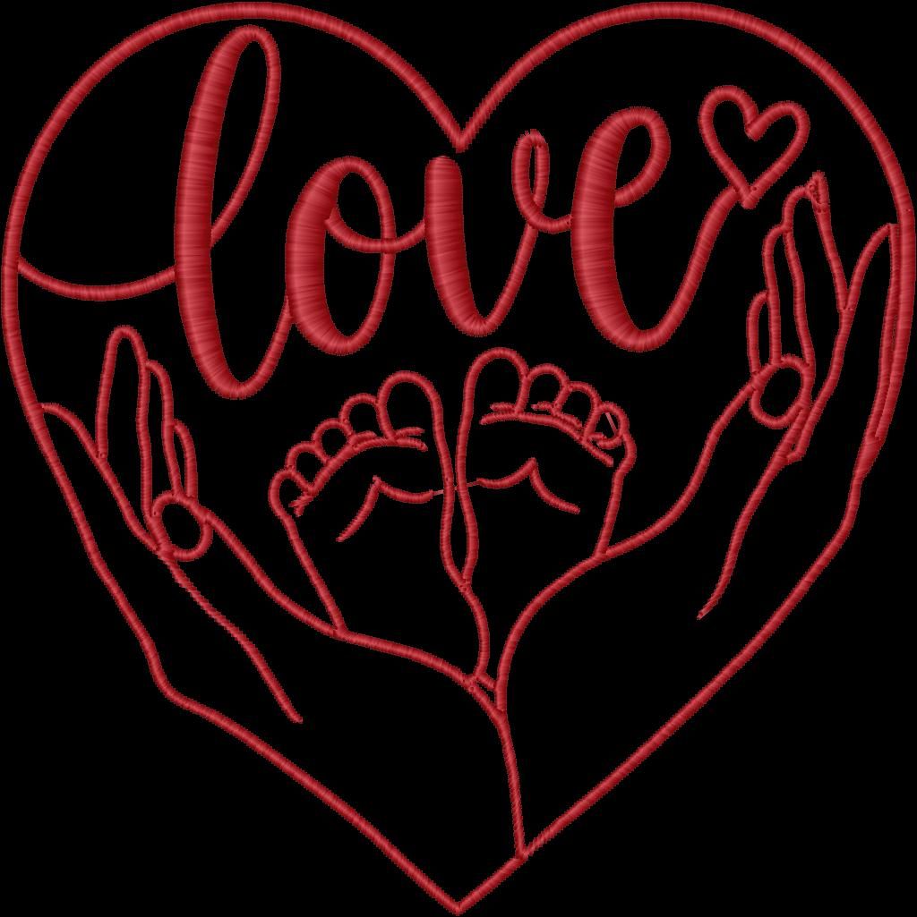 Embroidered design of hands holding baby feet inside a heart with the word love