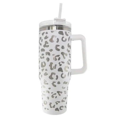 White Metallic Leopard Tumbler Cup with Handle