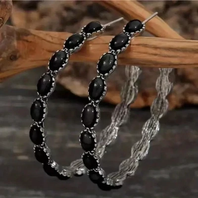 Western Faux Stone Black Hoop Earrings