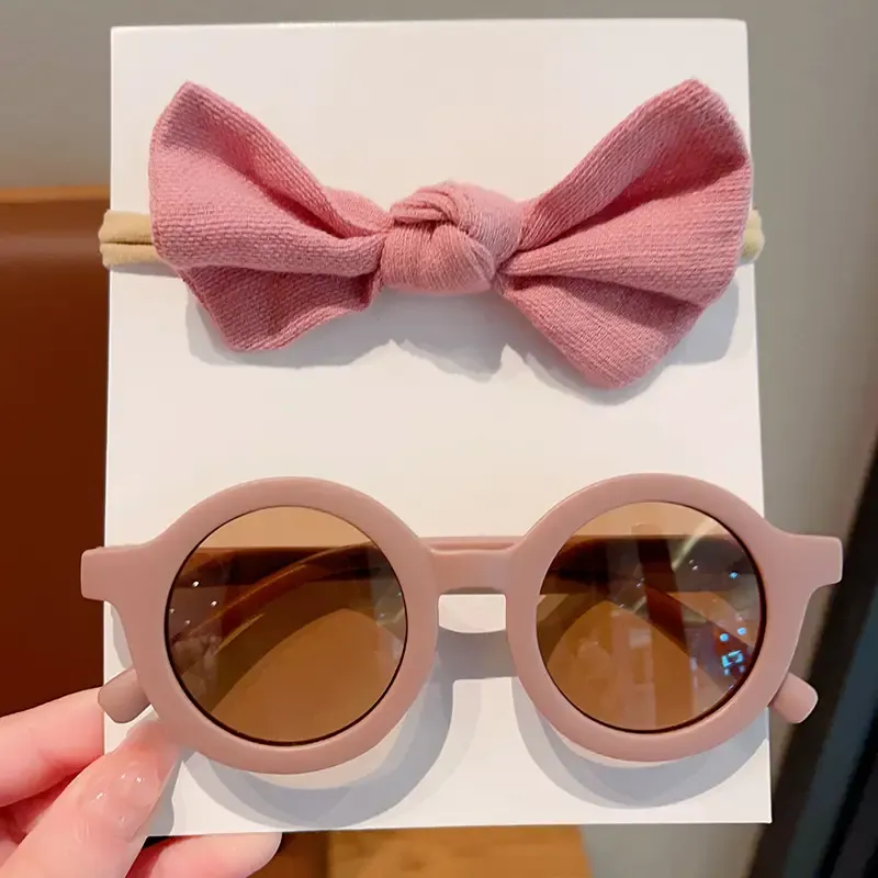 Baby Solid Color Bowknot Nylon Headband and Sunglasses- Pink