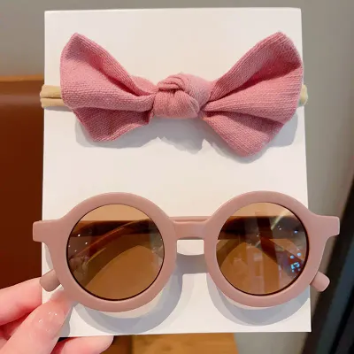 Baby Solid Color Bowknot Nylon Headband and Sunglasses- Pink