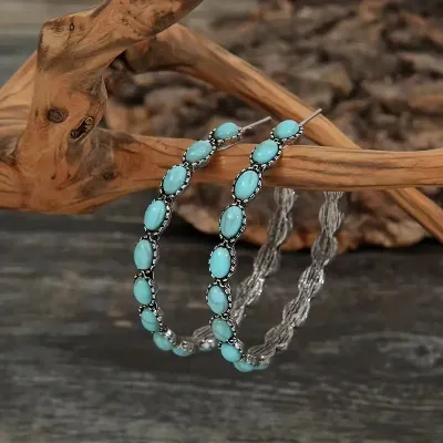 Western Faux Stone Turquoise Hoop Earrings