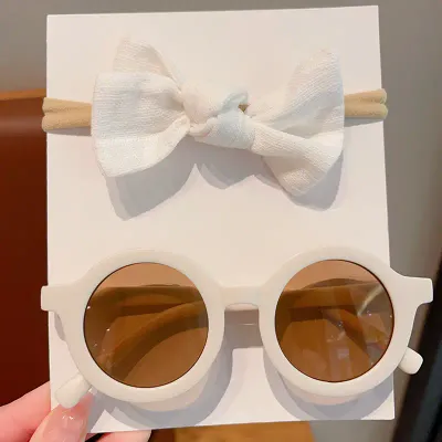 Baby Solid Color Bowknot Nylon Headband and Sunglasses - White
