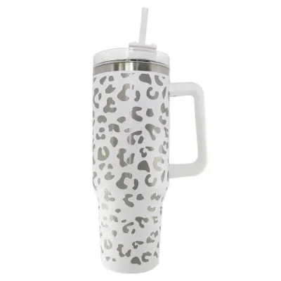 White Metallic Leopard Tumbler Cup with Handle