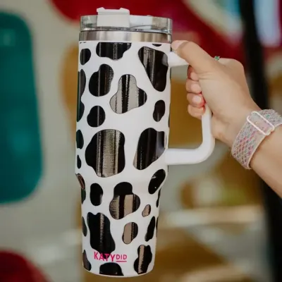 BLACK/WHITE COW PRINT STAINLESS STEEL TUMBLER