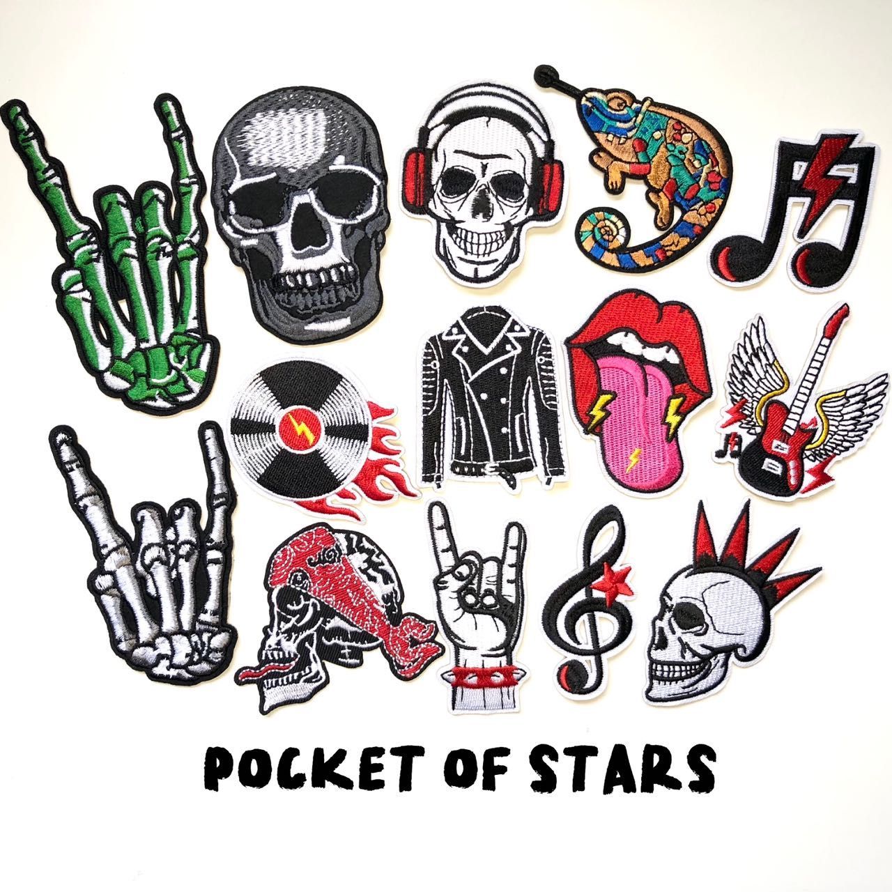 Punk and rock aesthetic patches (skull | skeleton | chameleon | guitar | rock on | jacket)