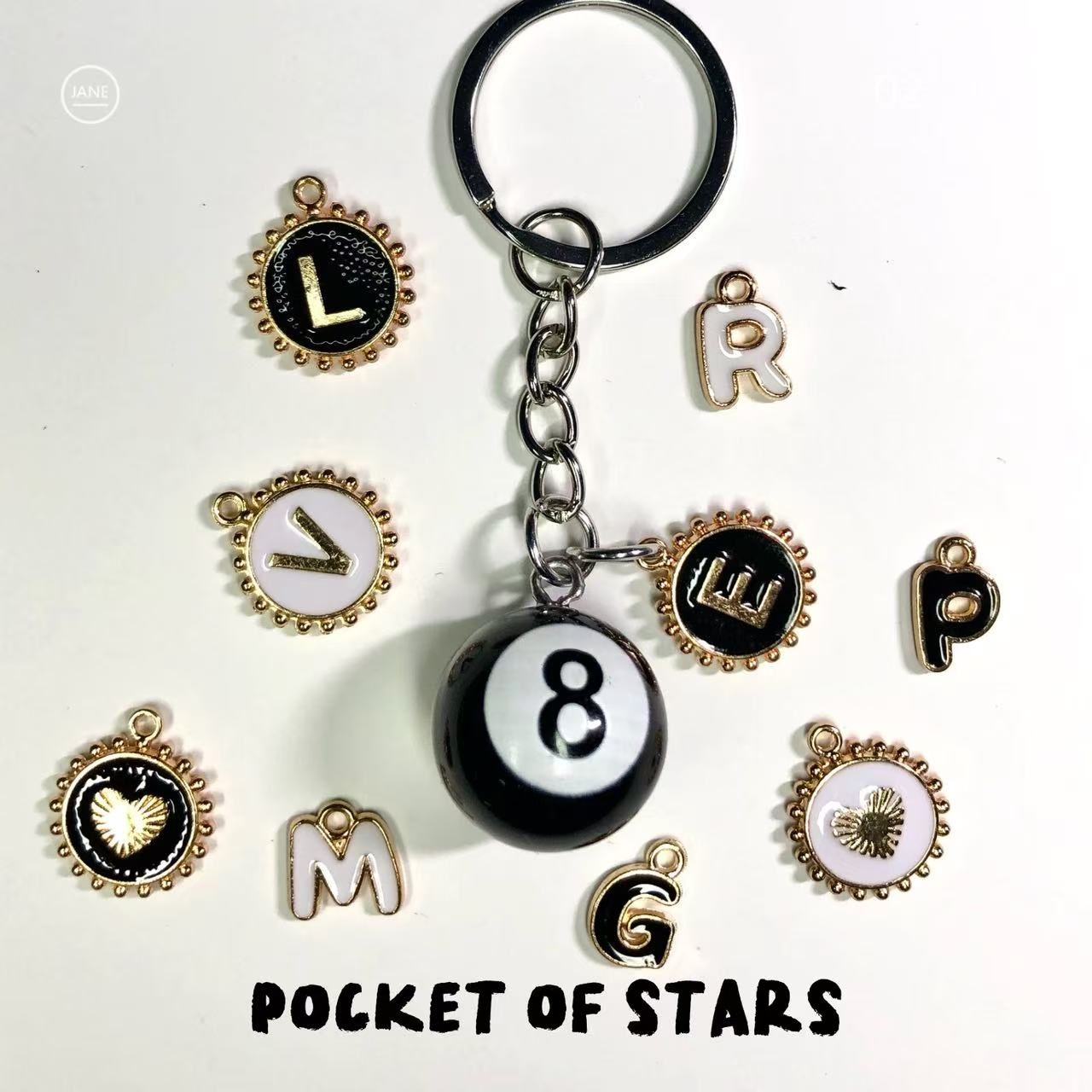 Pool ball 8 with initials - keyring/keychain / backpack accessories