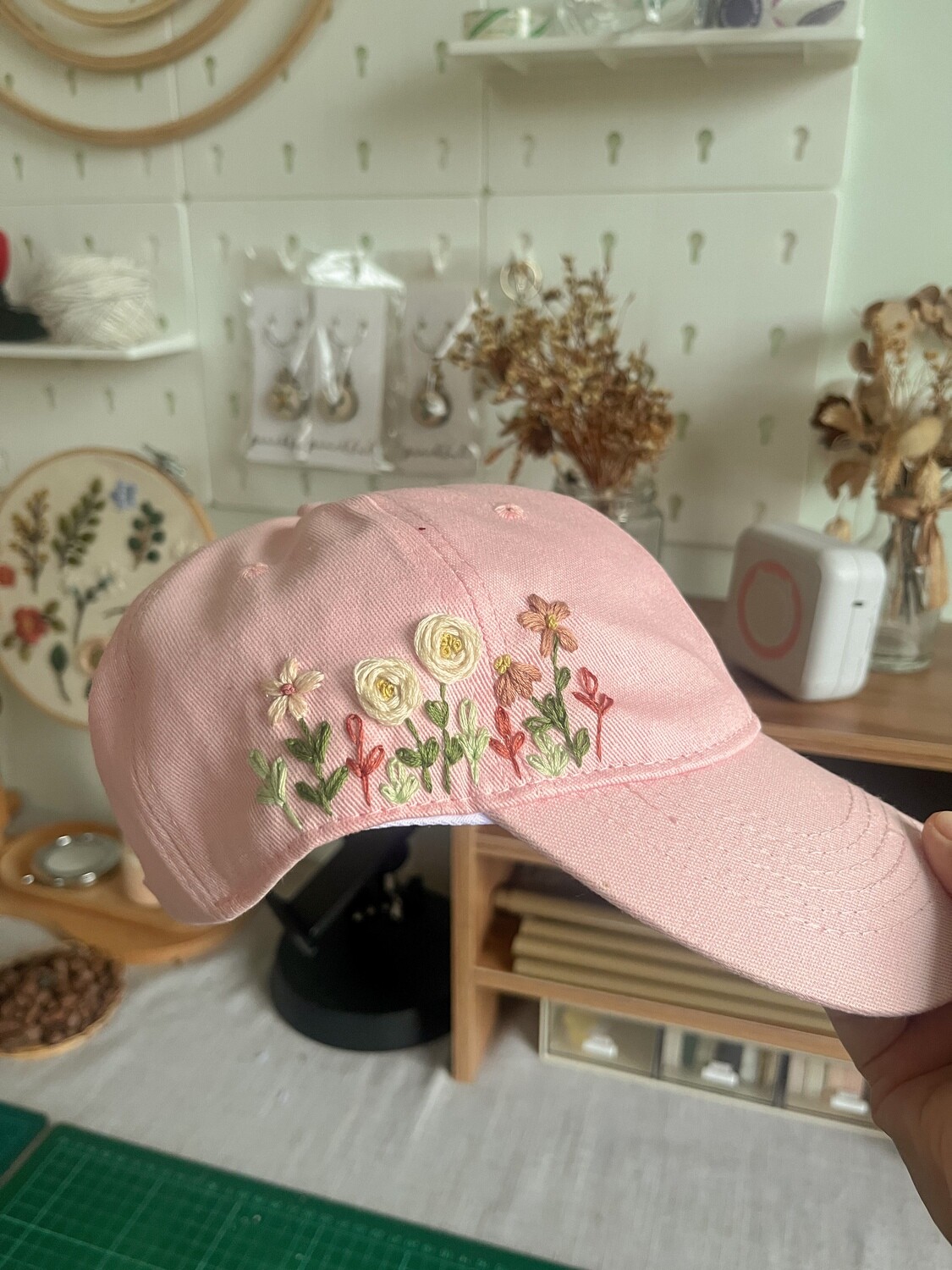 Floral embroidery on cap