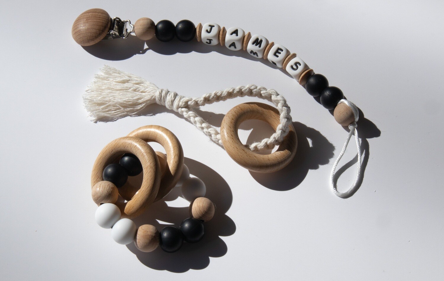 Personalized Pacifier Clip Set - Black &amp; Wood