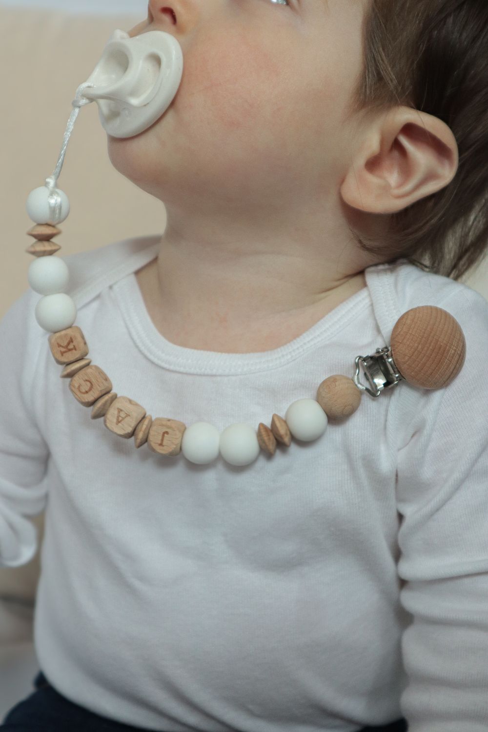 Personalized Pacifier Clip - White &amp; Wood
