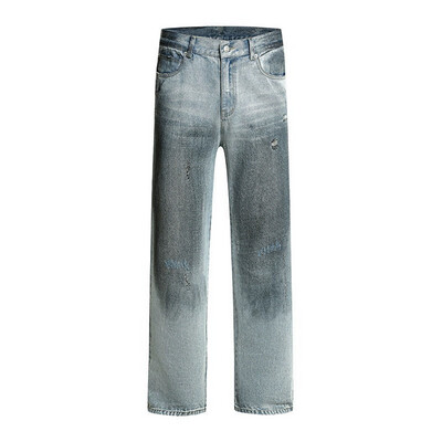 Cricle Cage Washed Denim Loose Pants