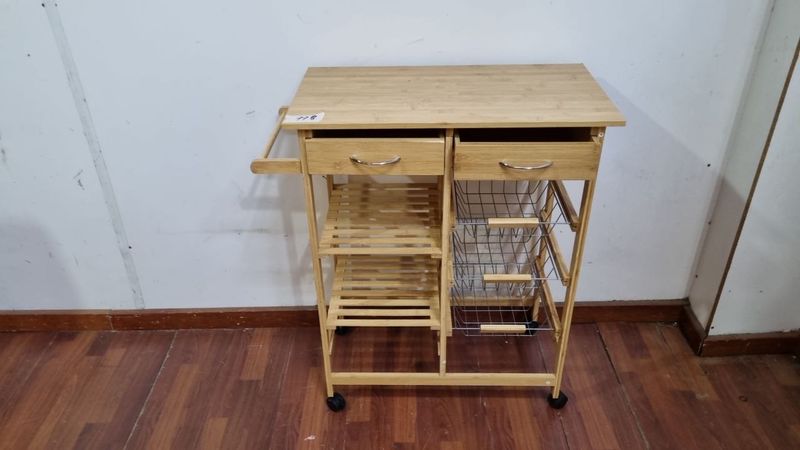 (L778) Desayunador O Mesa Auxiliar Rodante Con Canastos, Estantes Y Cajones En Madera (70x38x87)