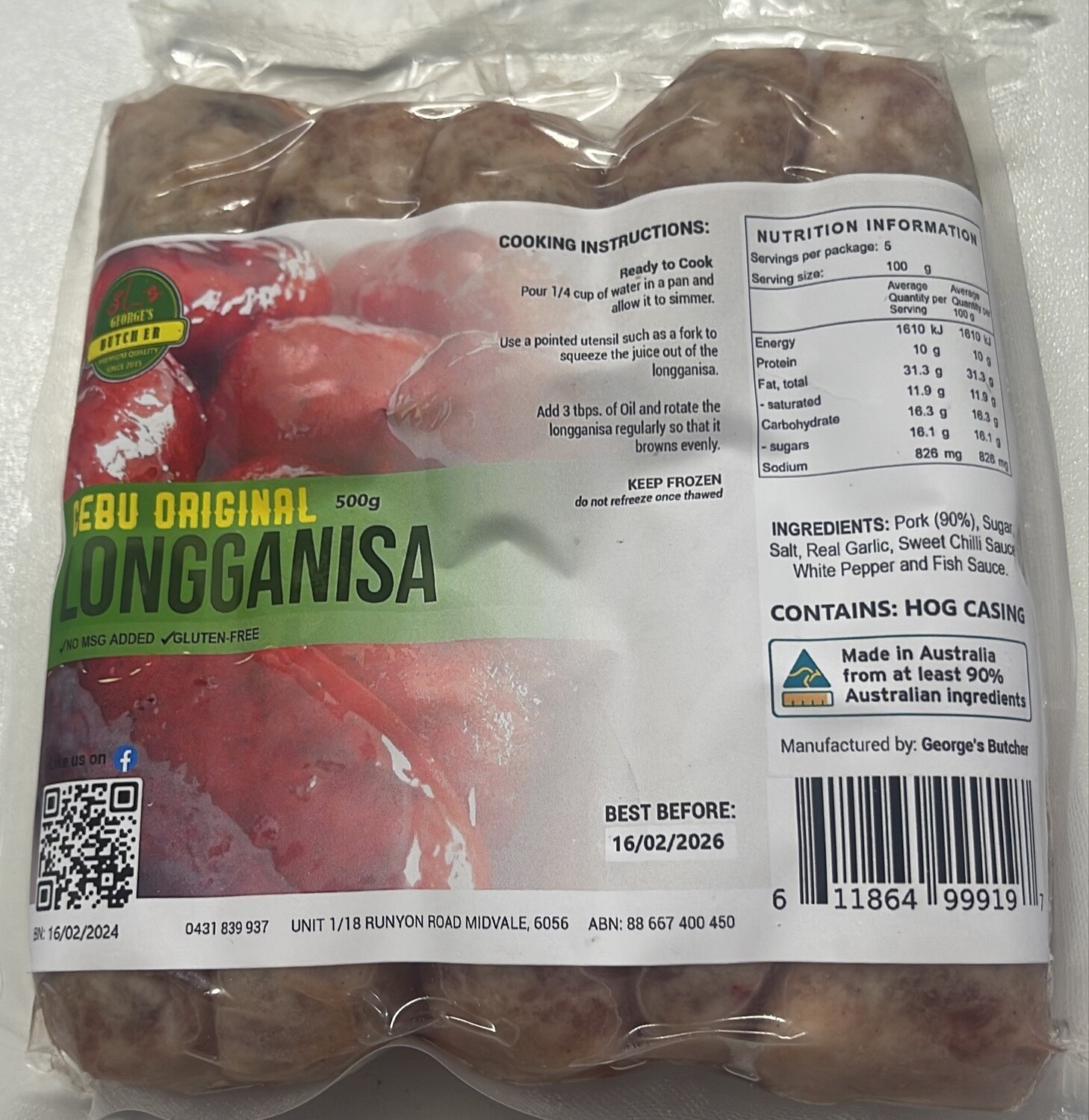 GEORGE LONGGANISA CEBU ORIG 500G