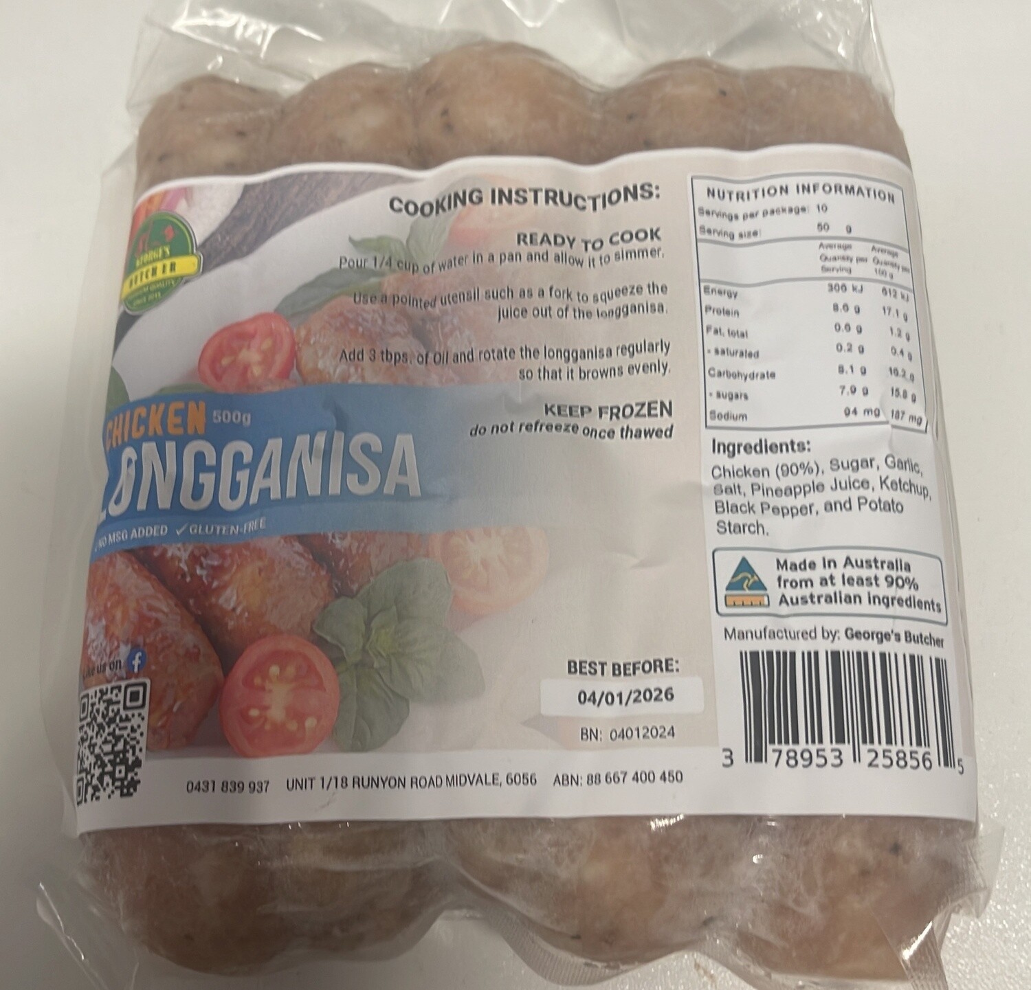 GEORGE&#39;S BUTCHER CHICKEN LONGGANISA 500G