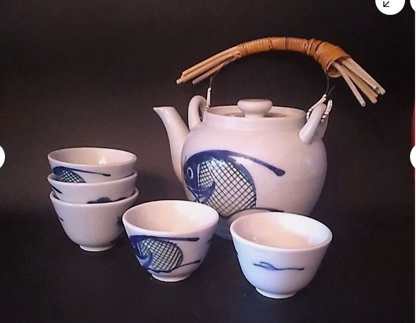 *FISH PATTERN TEA POT IN SET #1 W/ 6 CUPS