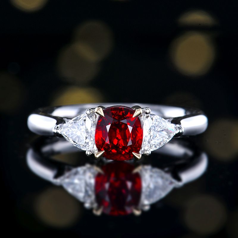 Timeless 3-Stone Engagement Ring with Pigeon Blood Ruby and Diamonds - 18K Gold