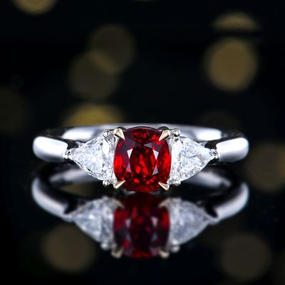 Timeless 3-Stone Engagement Ring with Pigeon Blood Ruby and Diamonds - 18K Gold