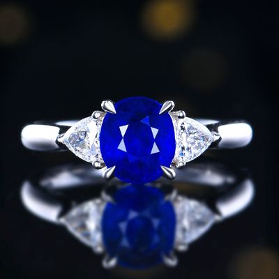 Classic 3-Stone Engagement Ring with 2Carat Royal Blue Sapphire and Diamonds - 18K Gold