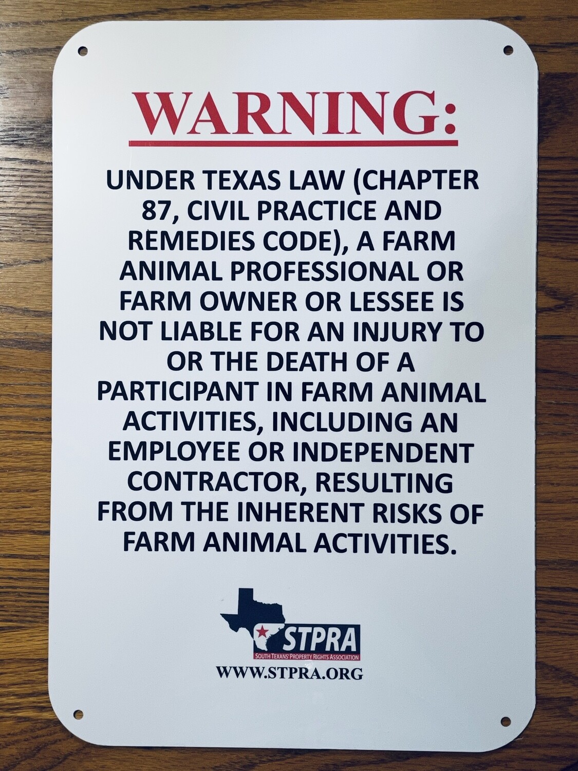 STPRA Farm Animal Liability Gate Sign