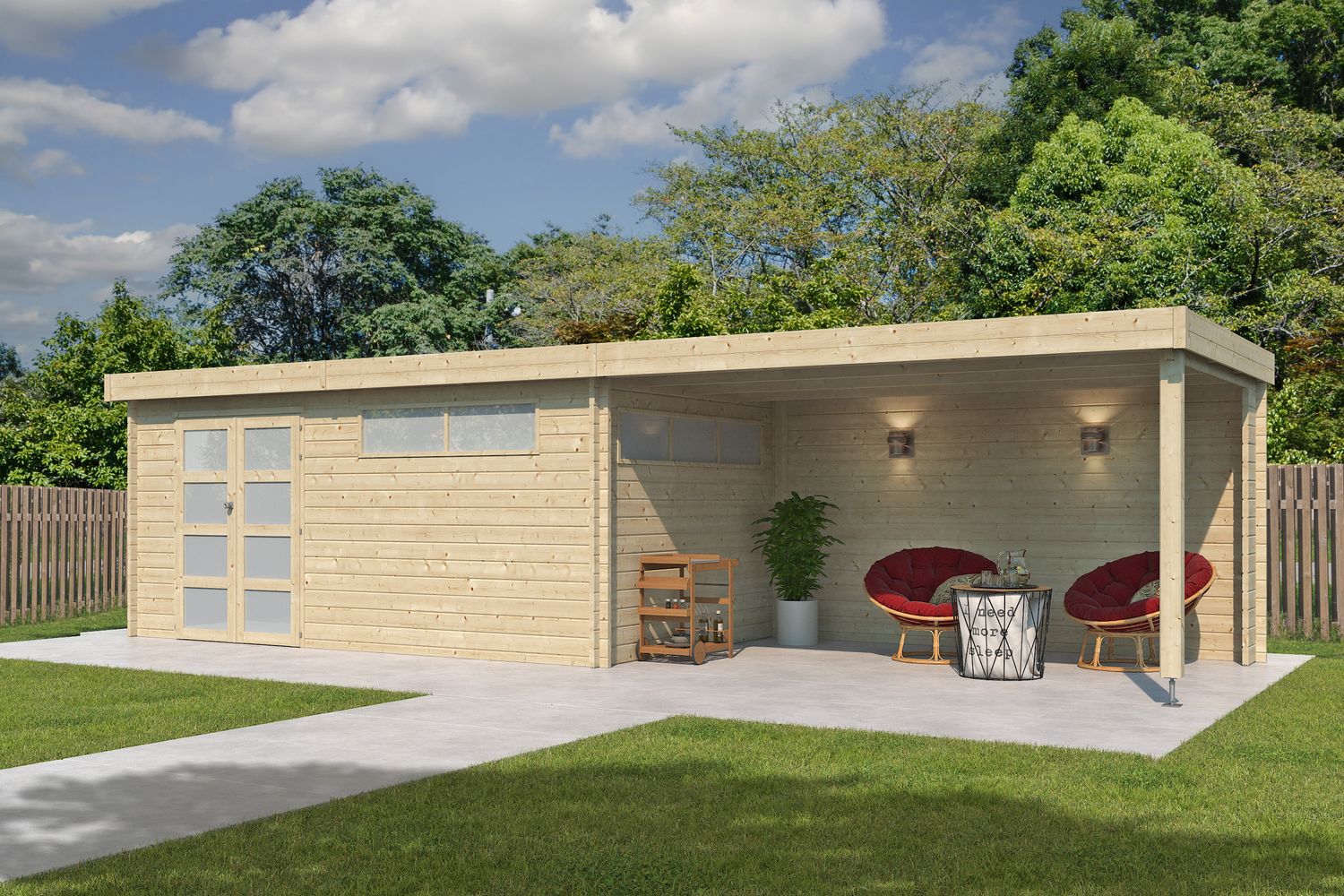 Woodlands blokhut modern met overkapping 905 x 385 x 235 cm Wanddikte 44 mm
