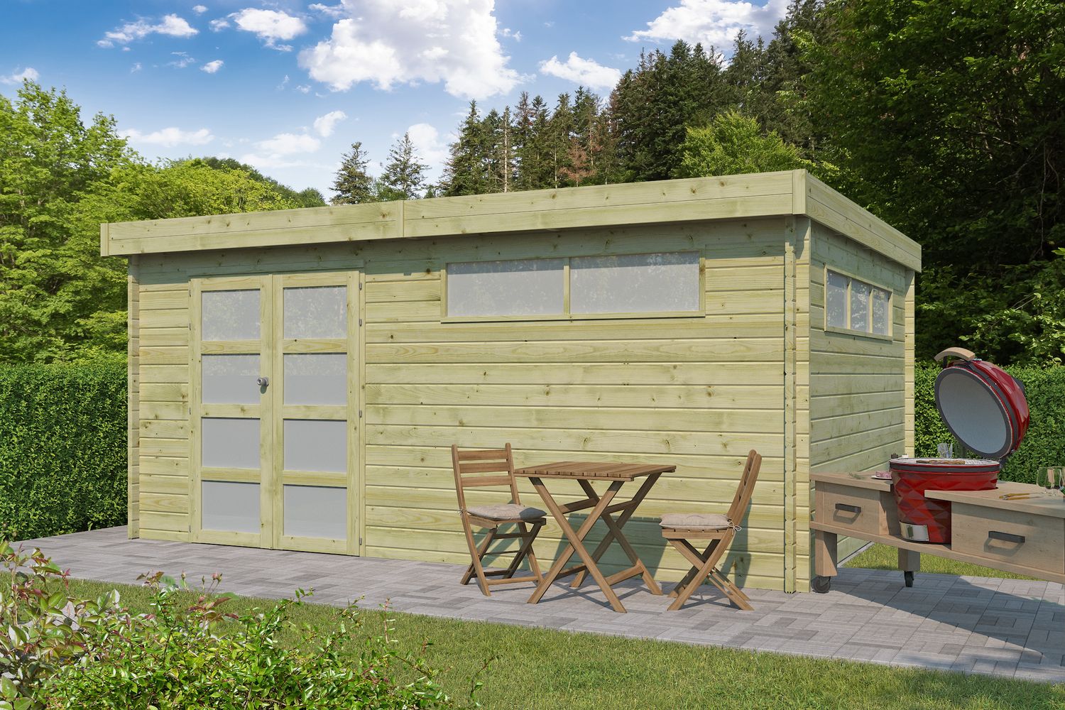 Woodlands blokhut Modern 505 x 385 x 230 cm geïmpregneerd met isolatie dak Wanddikte 44 mm