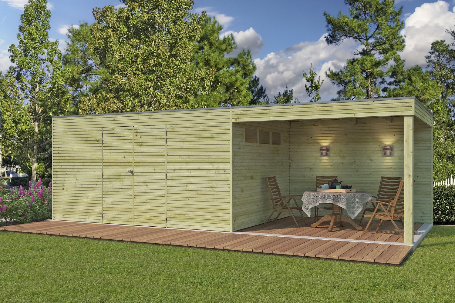 Woodlands berging met overkapping QB groen geïmpregneerd 720 x 300 cm Wanddikte 28 mm
