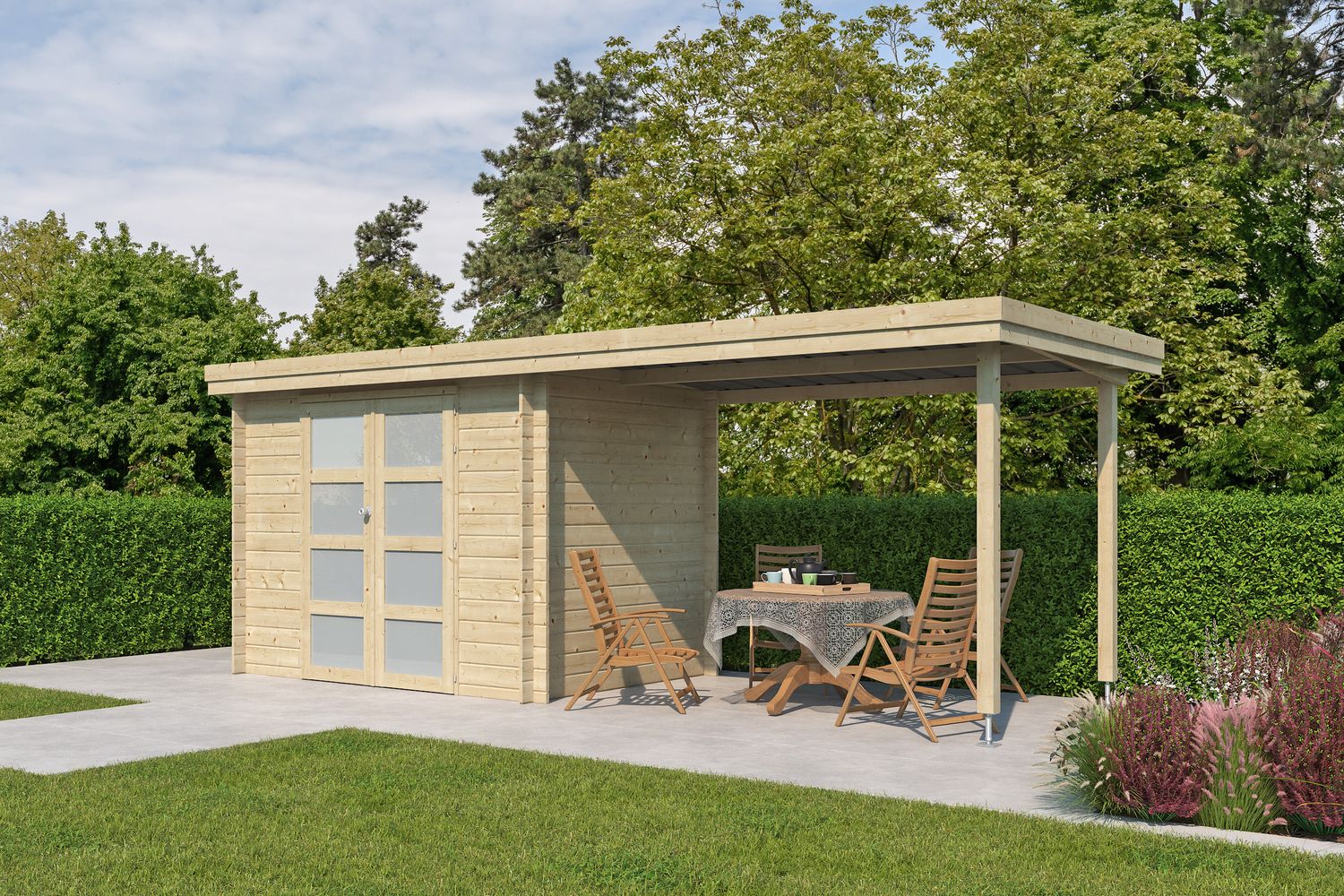 Woodlands blokhut Oregon met overkapping 595 x 205 x 235 cm Wanddikte 28 mm