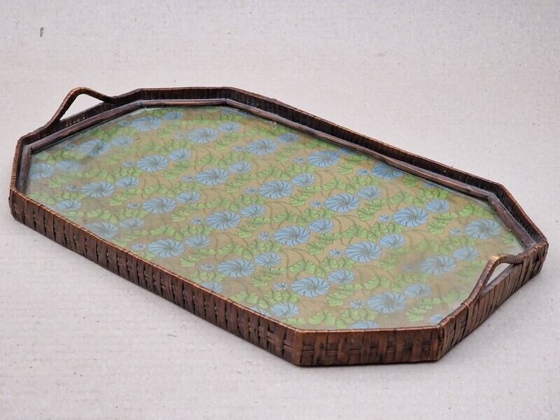 Altes Tablett mit Glasplatte, Serviertablett Vintage.