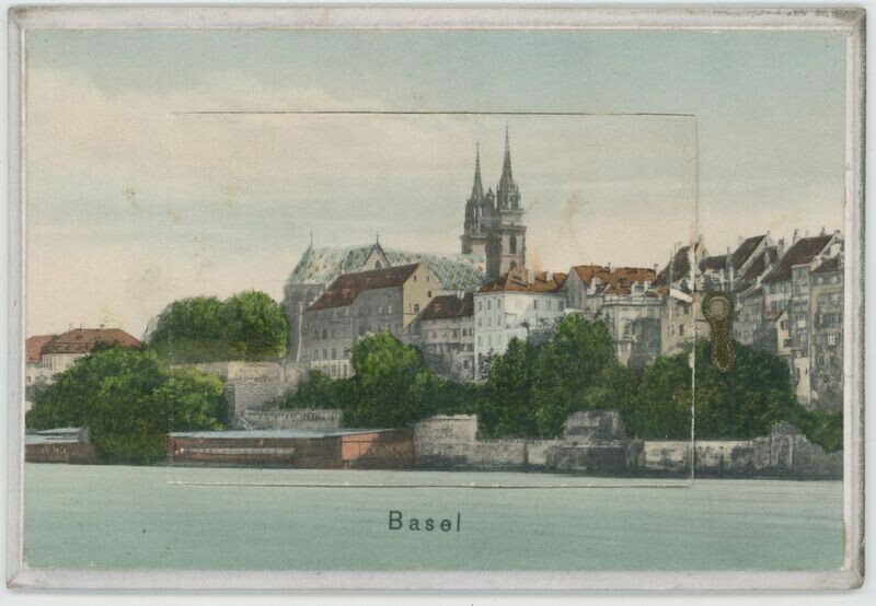 Ansichtskarte von Basel mit 12 Ansichten im Inneren.