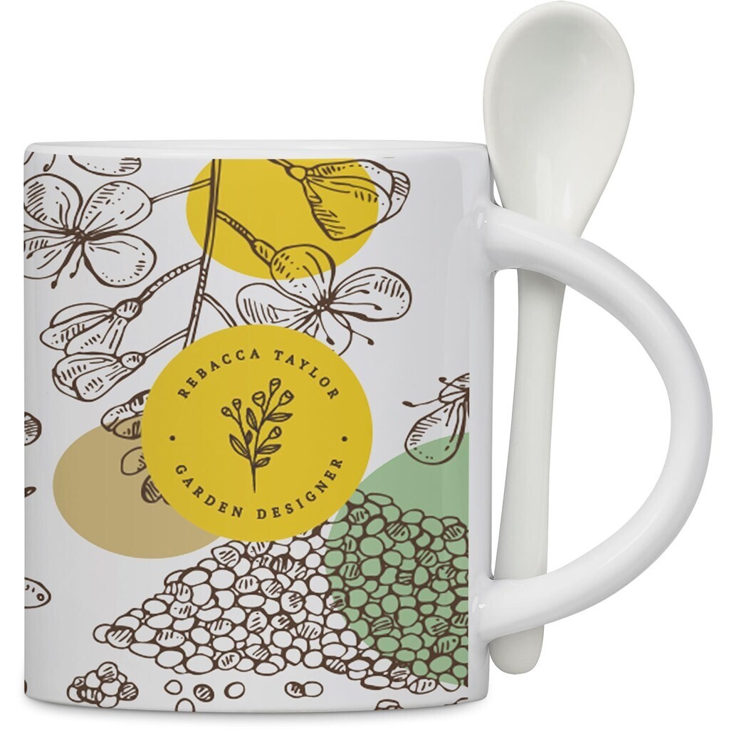 Eden Sublimation Ceramic Coffee Mug &amp; Spoon Set - 320ml